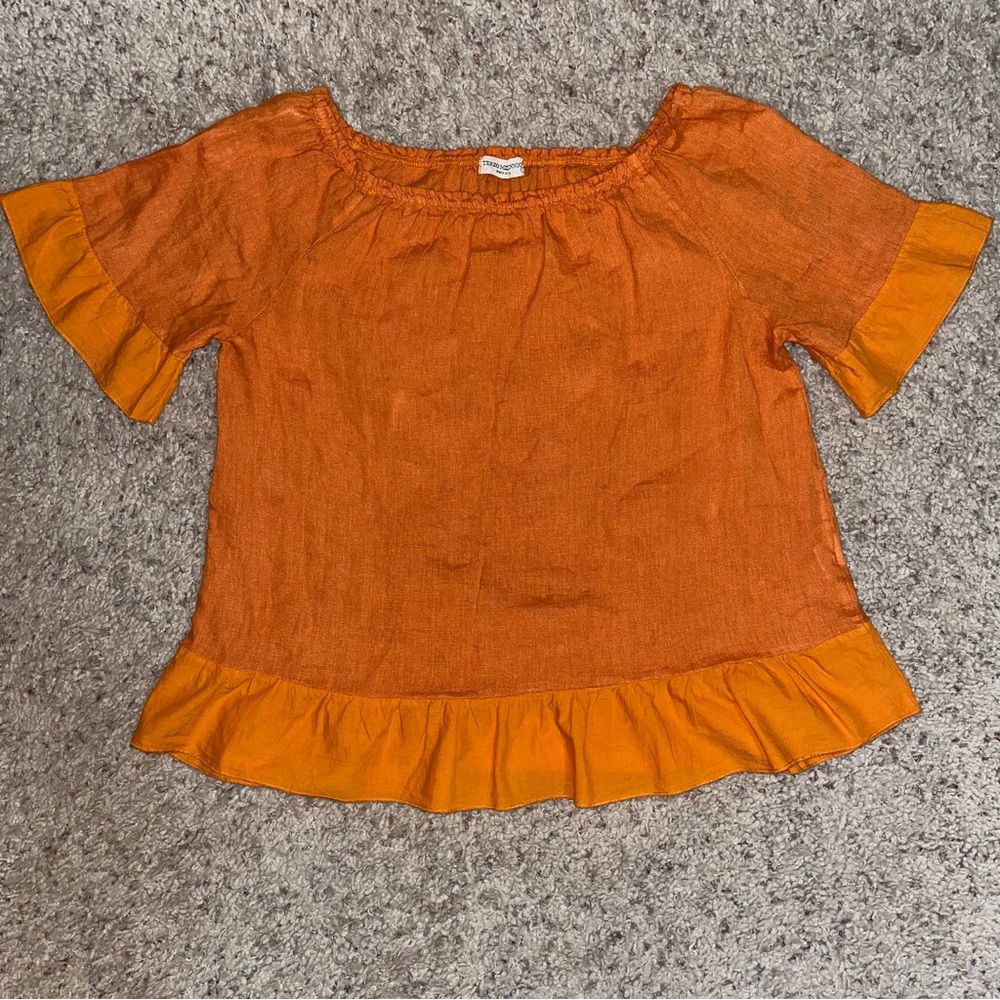 TERZO MILLENNIO 100% LINEN SHORT SLEEVE SUMMER BLOUSE / ORANGE / SIZE LARGE